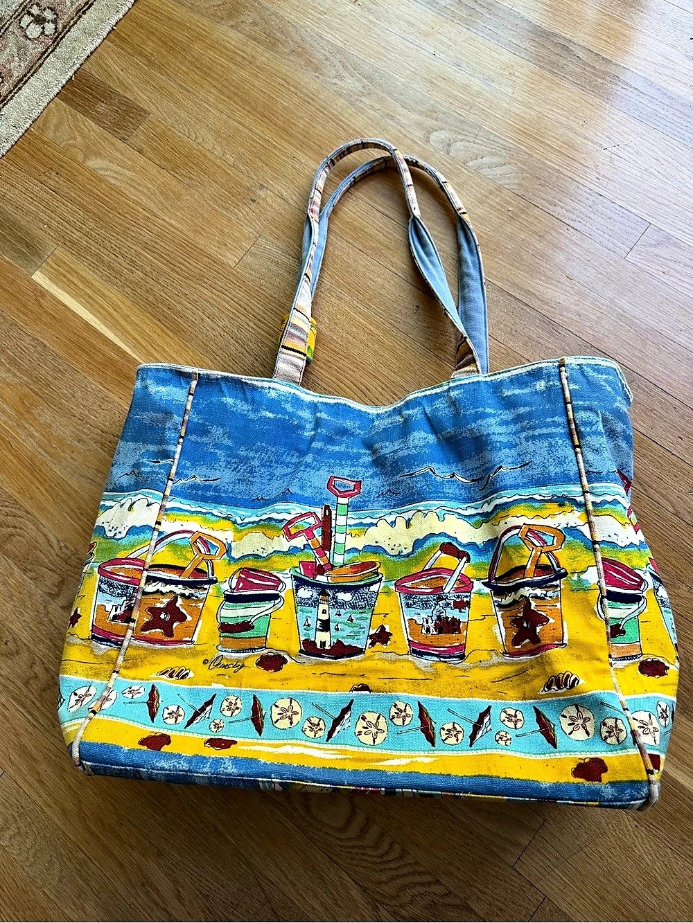 Vintage Quasby Hanging Swimsuits Beach Print Tote in Blue & Yellow - Picture 2 of 7